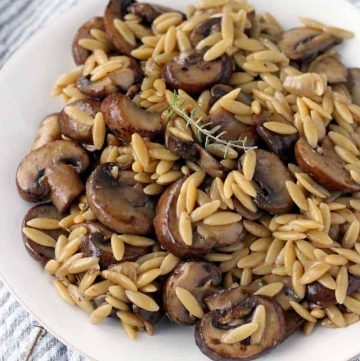 Close up of orzo and mushrooms on a white plate with a sprig of thyme on top