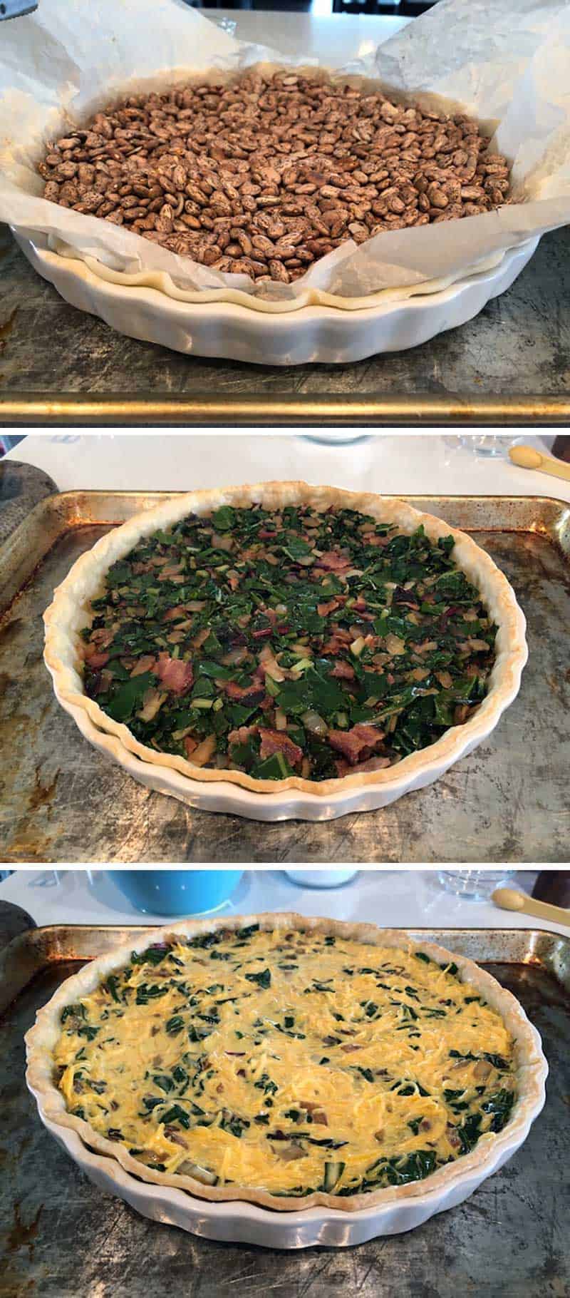 Process collage showing blind baking a pie crust for a quiche.
