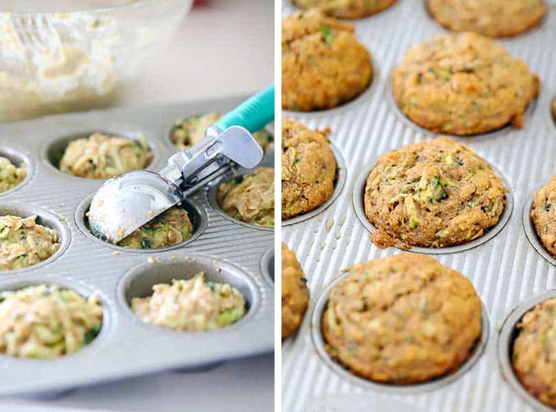 scooping muffin batter into pan on left and baked zucchini muffins on right
