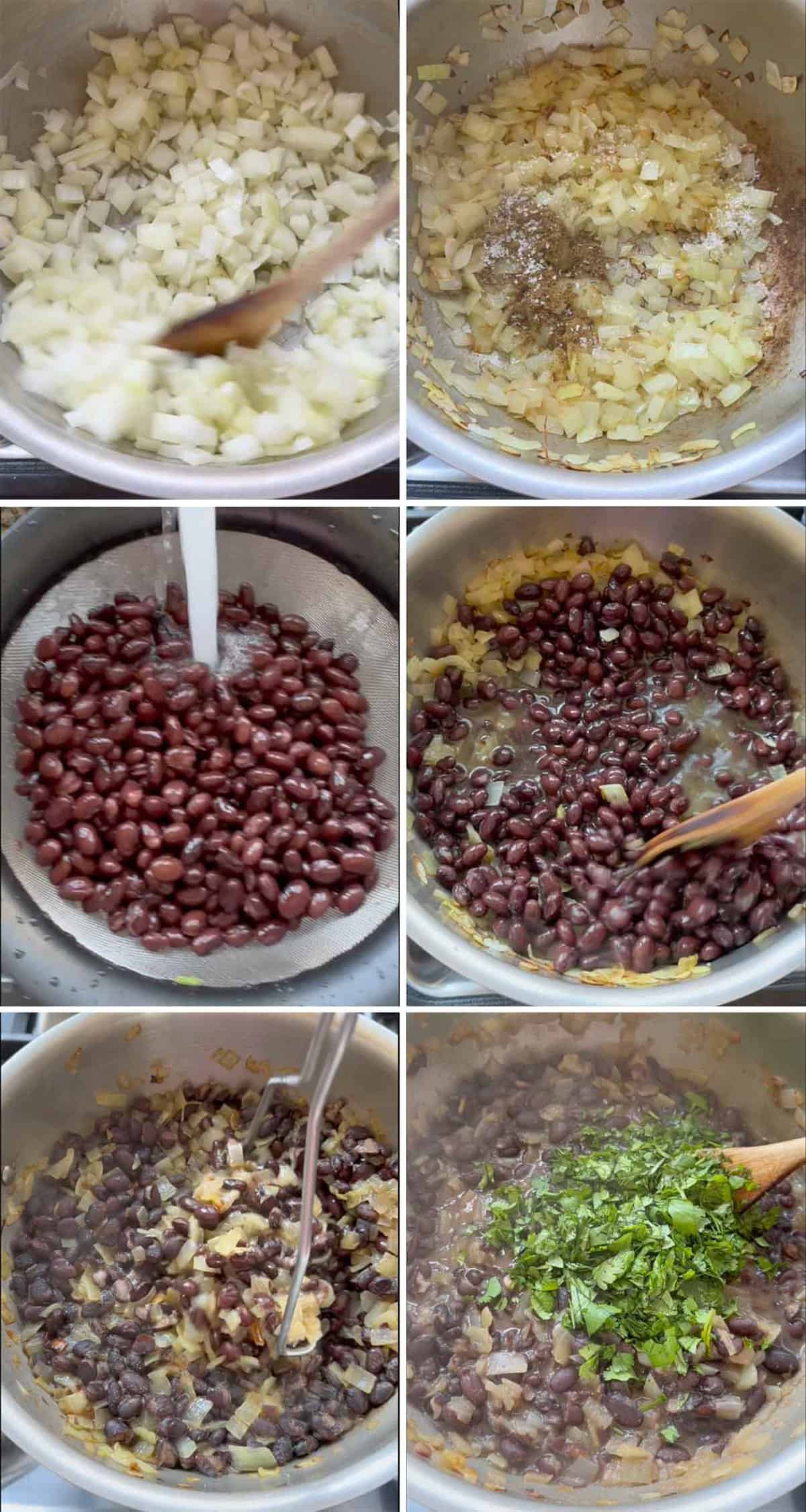 Process collage showing how to make simple black beans from canned beans in a pot with onions, cilantro, lime, and spice.