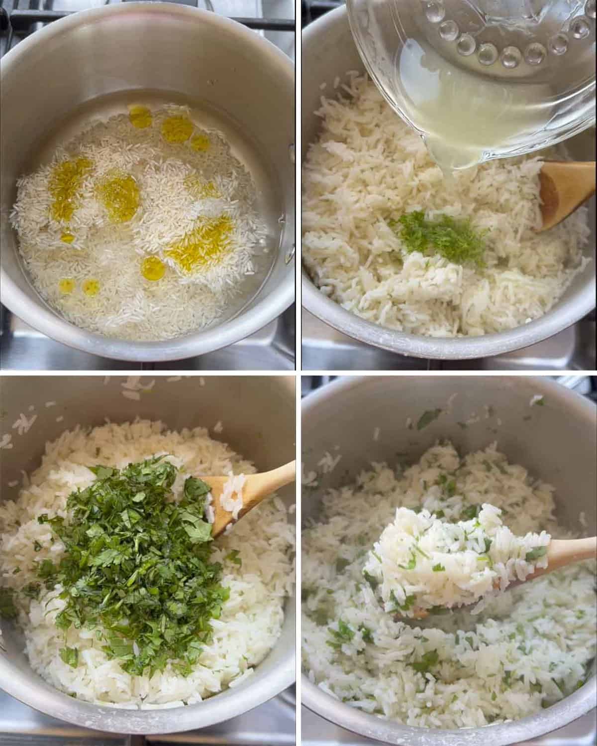 Process collage showing how to make cilantro lime rice with basmati rice.