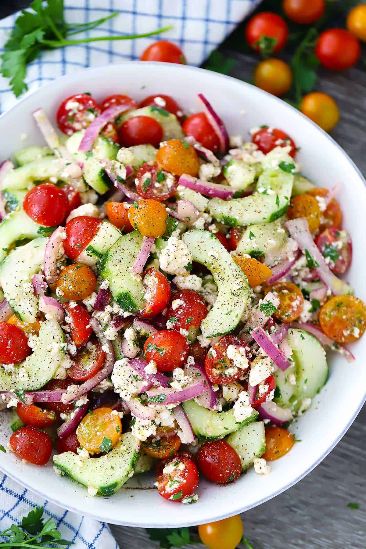 Cucumber Tomato Salad with Feta - Bowl of Delicious