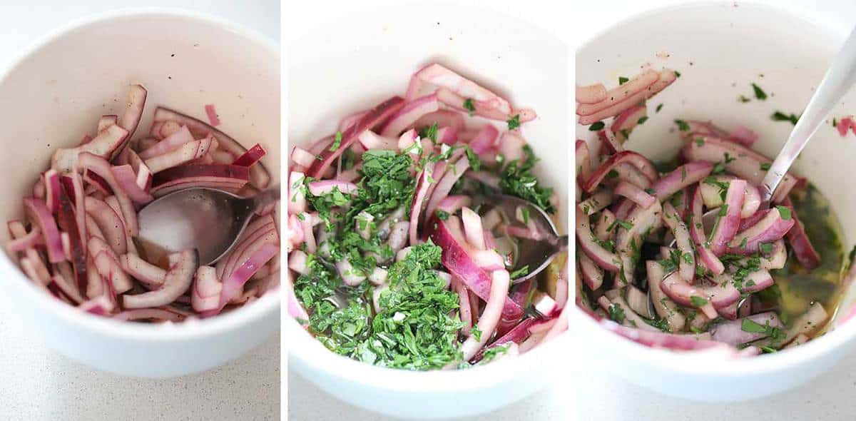Making quick pickled red onions and adding olive oil and parsley.