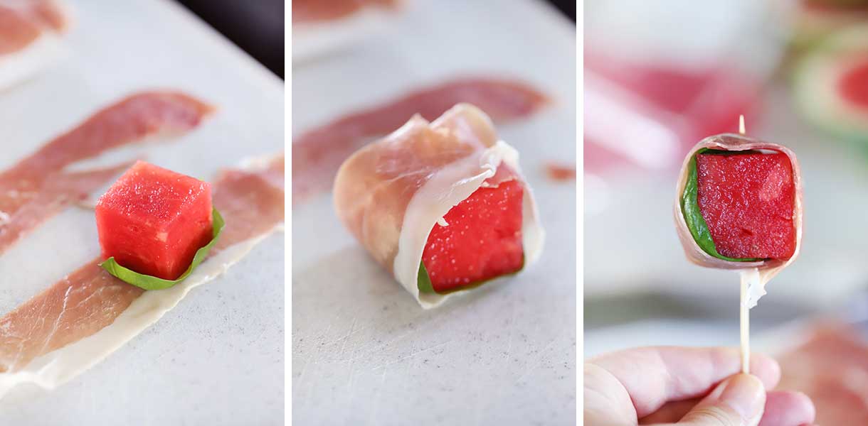 How to wrap watermelon with prosciutto and basil