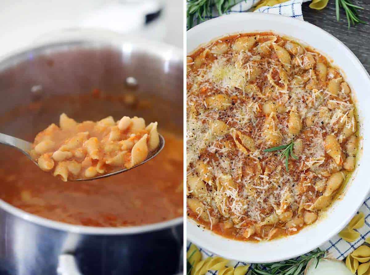 Pasta Fagioli in a pot and on a plate with parmesan cheese and olive oil and a rosemary sprig.