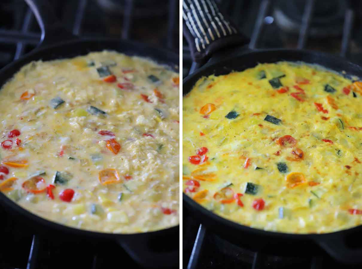 A vegetable frittata halfway done and all the way done baking.