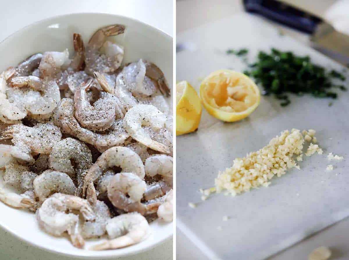 Raw shrimp seasoned with salt and pepper and minced fresh garlic, parsley, and lemon.