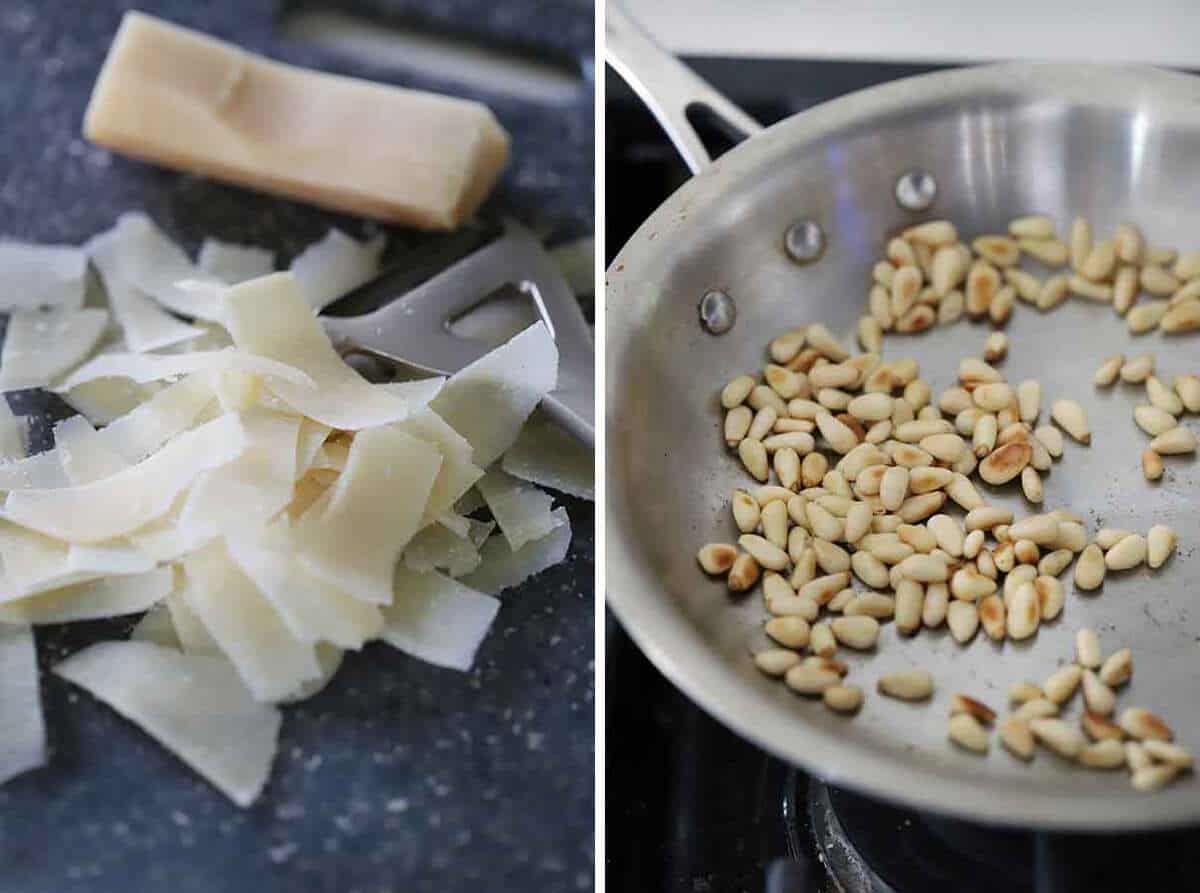 How to make shaved parmesan with a vegetable peeler and toasting pine nuts in a skillet