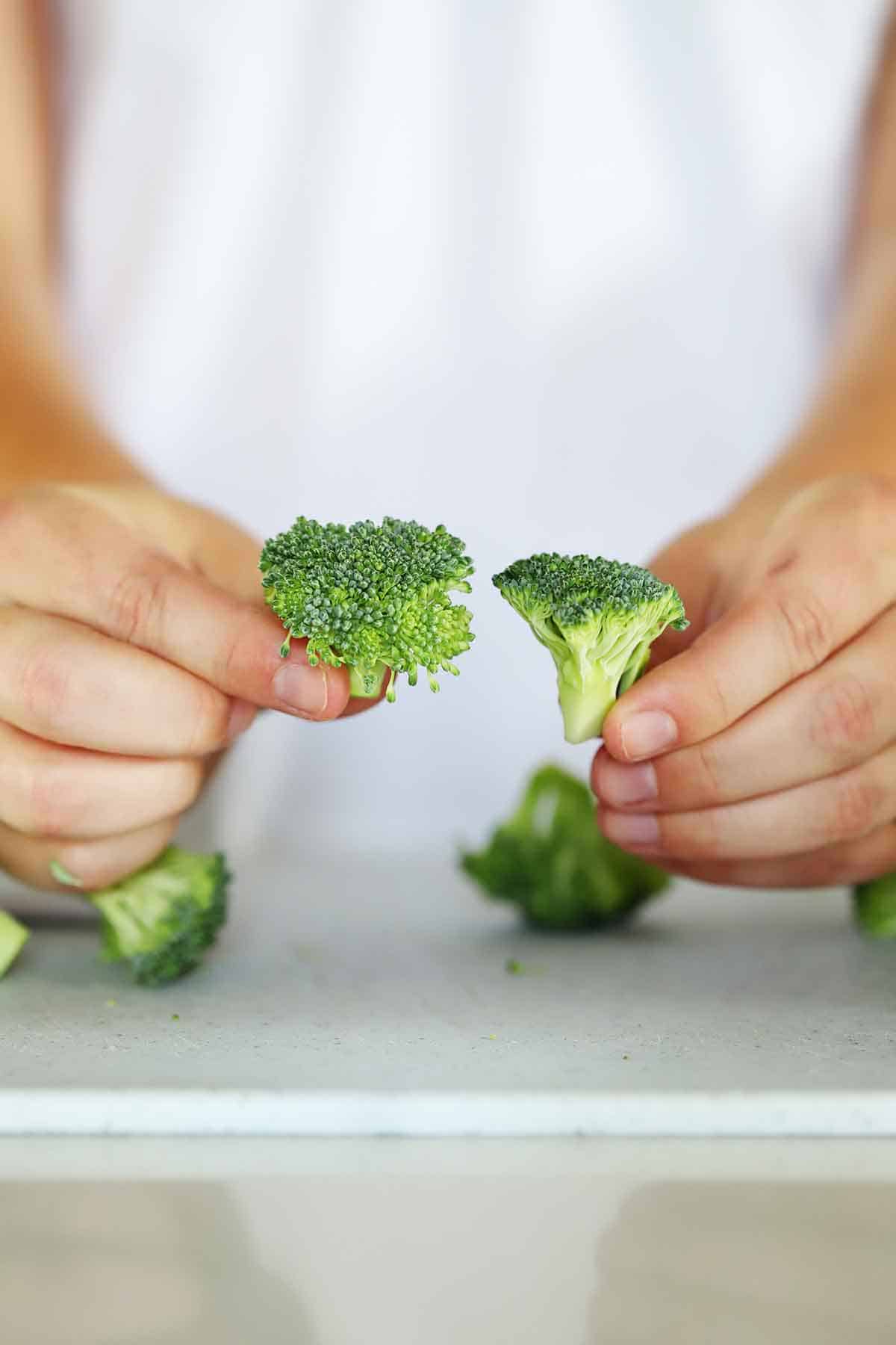 Someone holding two small florets of broccoli.