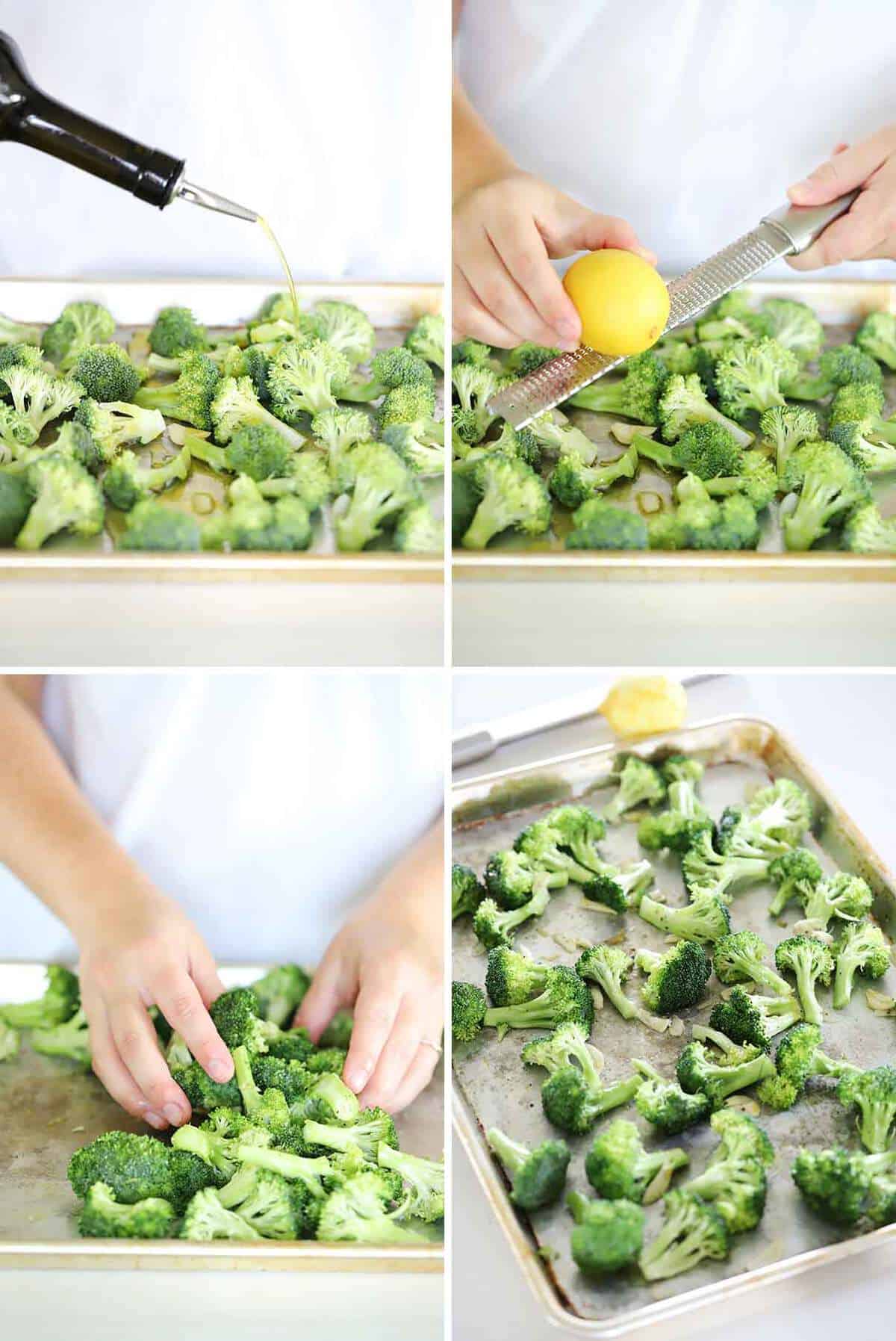 Drizzling olive oil and zesting lemon on a rimmed baking sheet of broccoli florets, tossing to coat.
