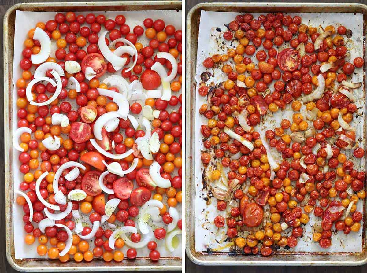 Roasted tomatoes, onions, and garlic on a sheet pan