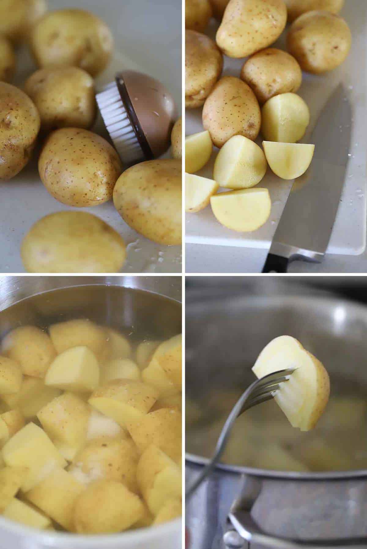 Washing and cutting yukon gold potatoes and boiling them in salted water.