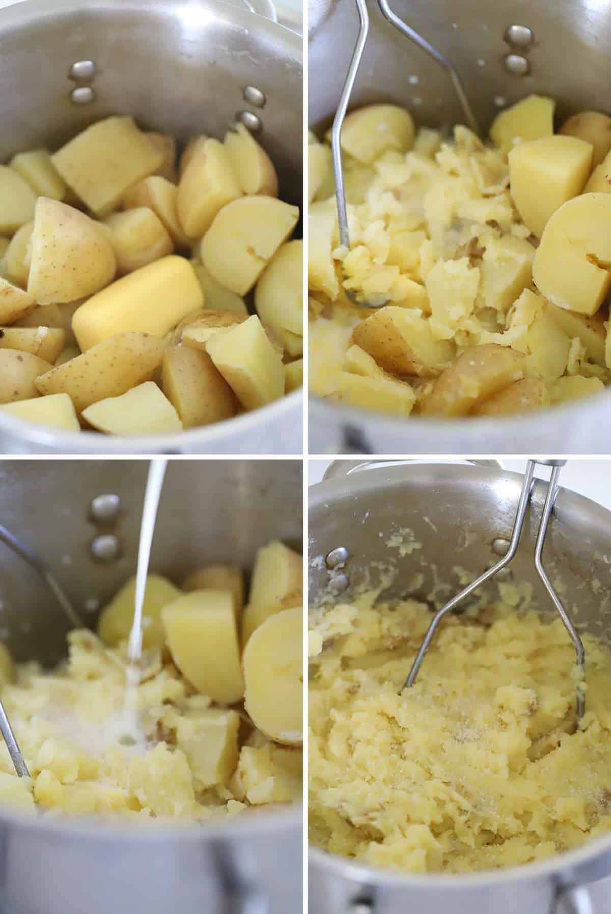 Making mashed potatoes in a pot with butter and milk.