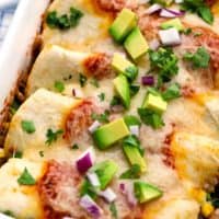 Close up photo of turkey and black bean enchiladas with diced avocado and red onion on top.