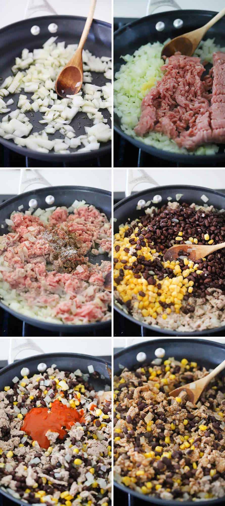 Photo collage showing how to make the filling for turkey enchiladas with black beans and corn.