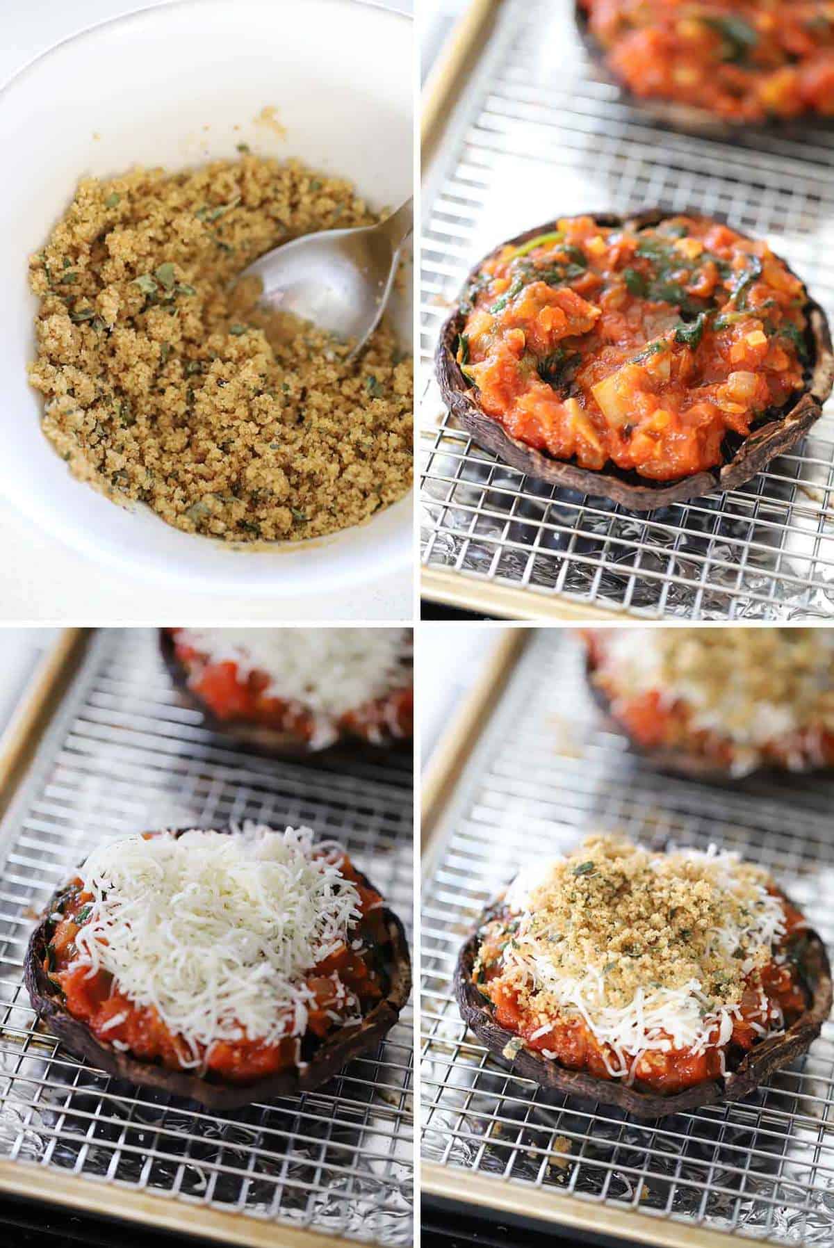 How to assemble stuffed portobello mushrooms with breadcrumbs on top.