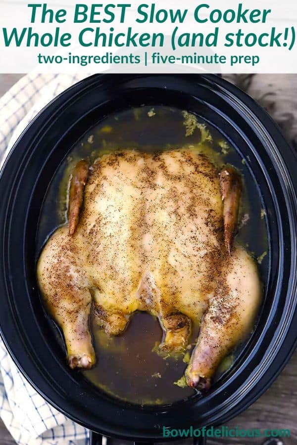pinterest image for slow cooker whole chicken.
