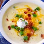 Square image of loaded baked potato soup.