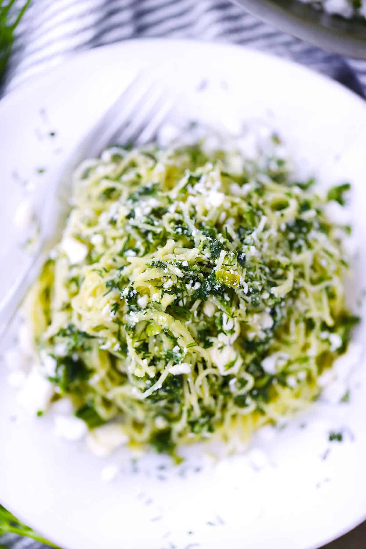 overhead photo of spanakopita pasta