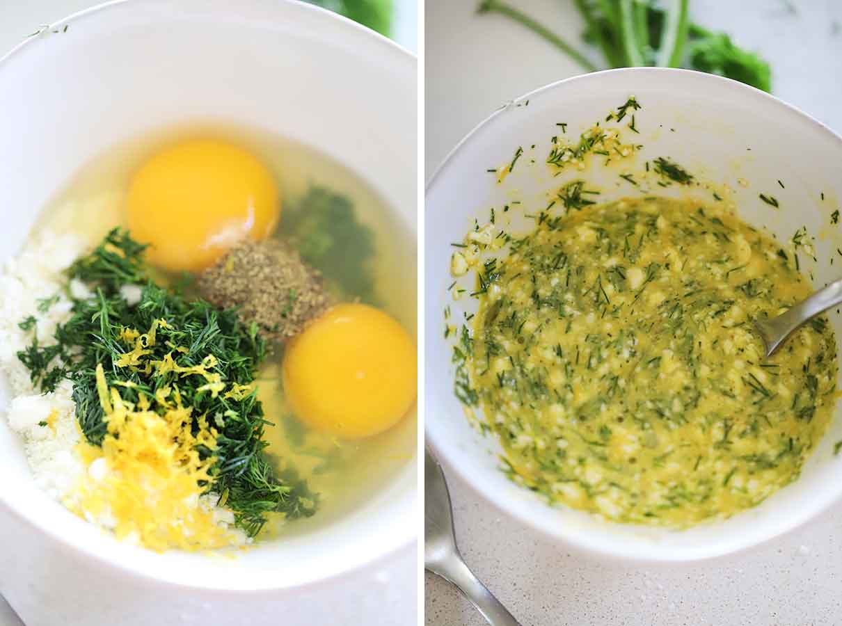 mixing eggs, dill, feta, and lemon zest for carbonara base for spanakopita pasta