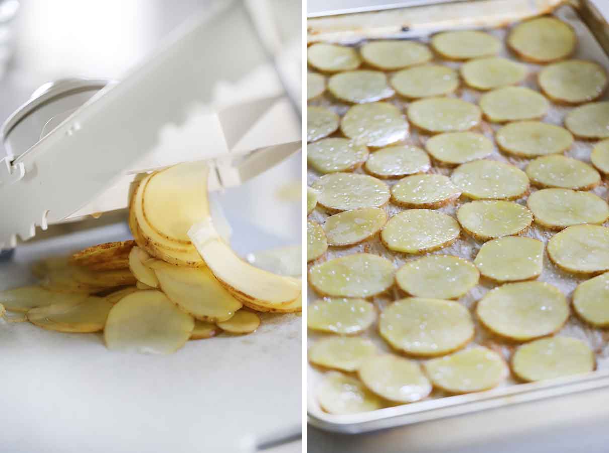 Slicing potatoes with a mandoline and placing on a baking sheet for homemade potato chips.