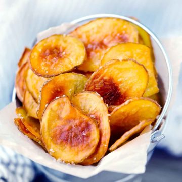 Square image of homemade potato chips.