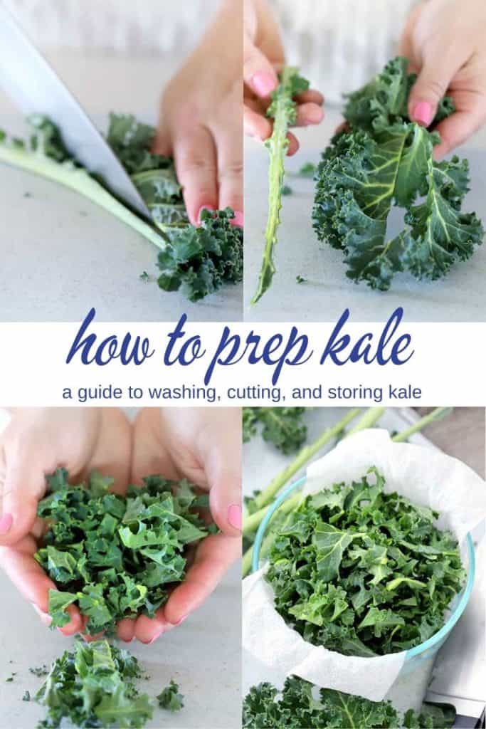 Photo collage showing how to prep kale.