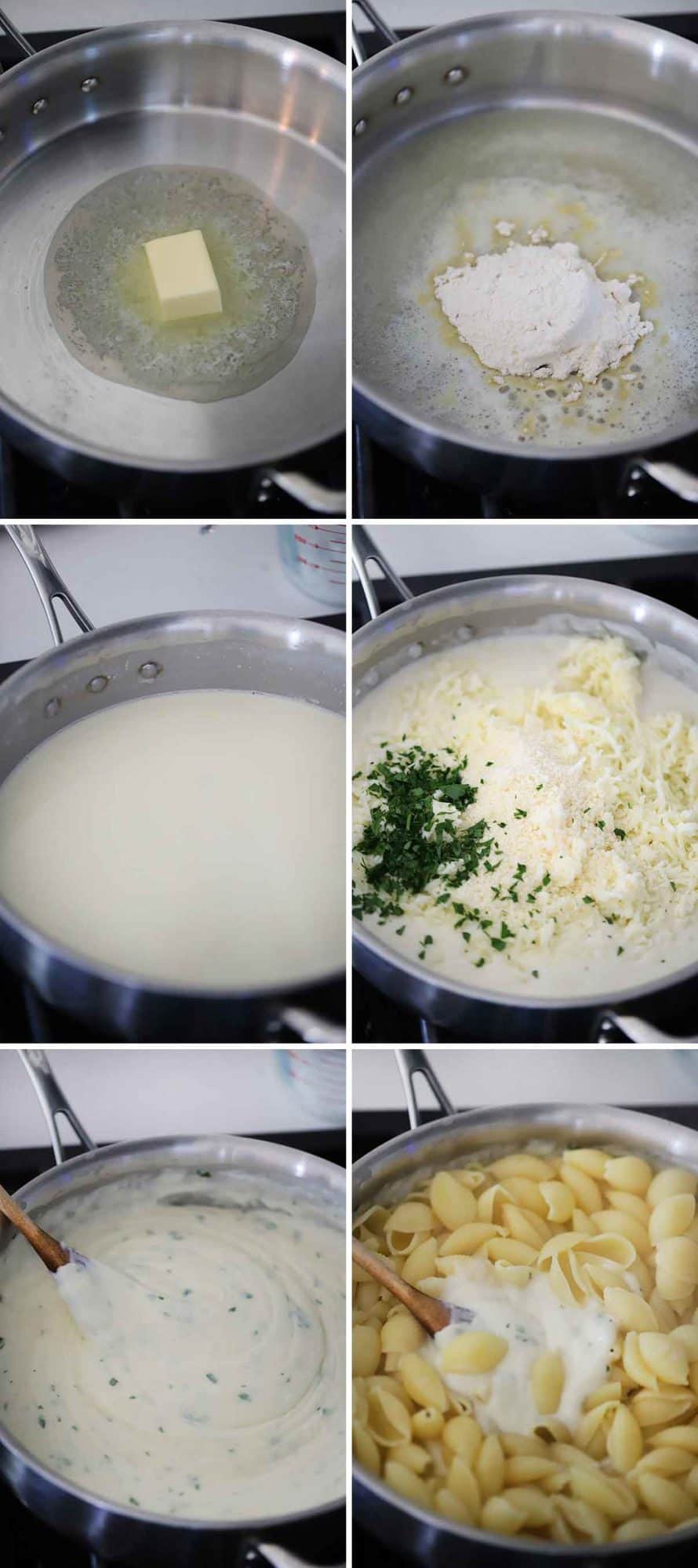 Process collage showing how to make the cheese sauce for Italian mac and cheese with mozzarella, parmesan, and parsley.
