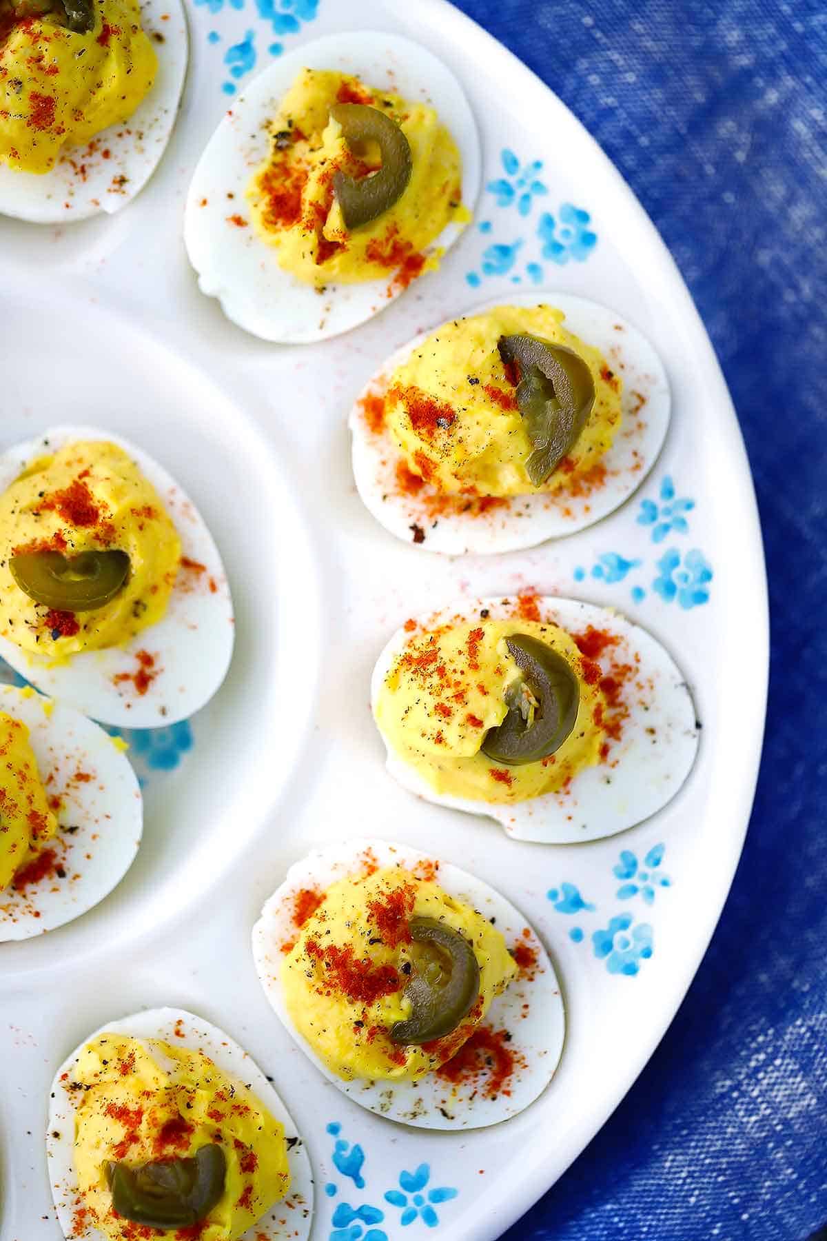 Overhead photo of a plate of jalapeño deviled eggs.