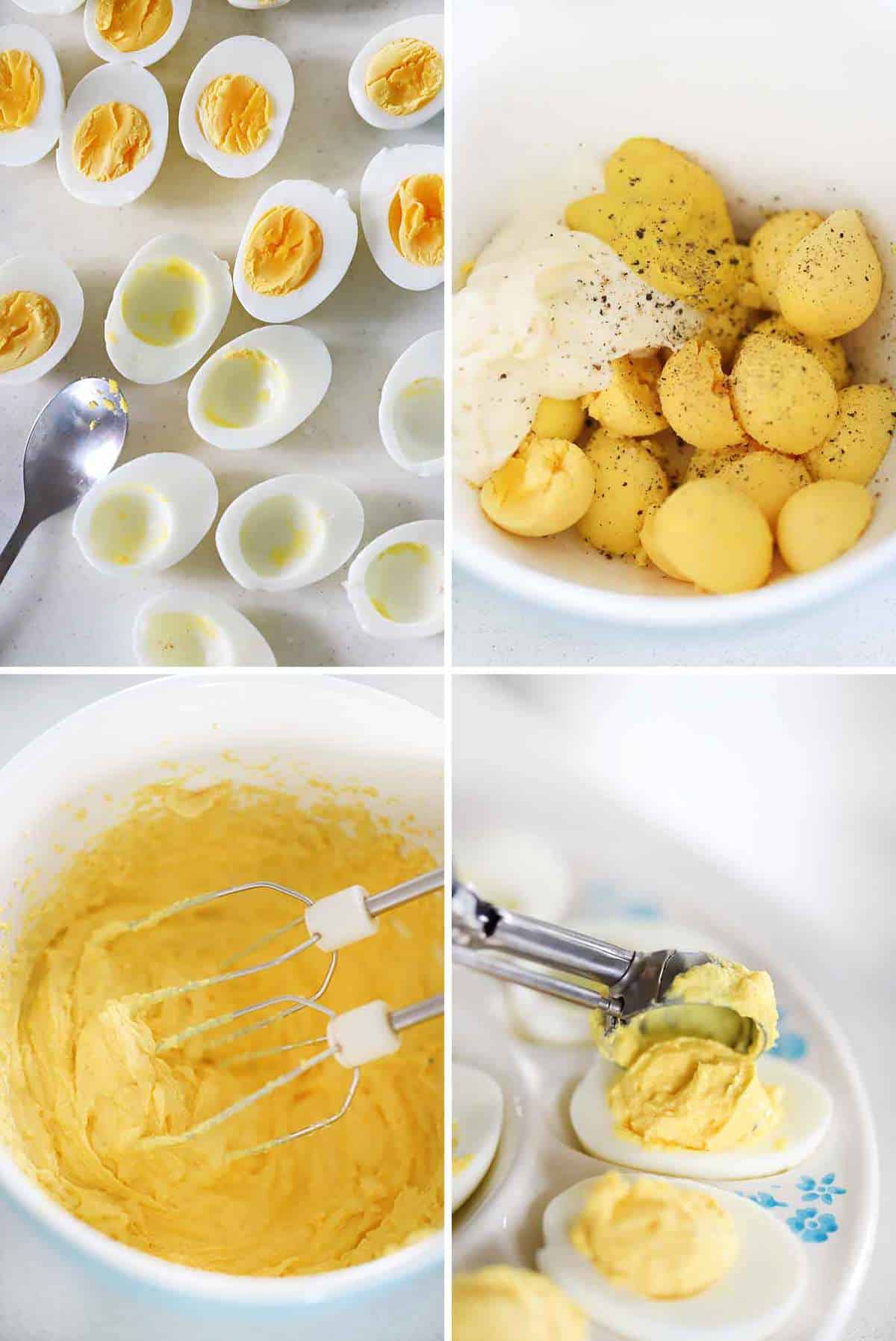 How to make deviled eggs process collage.