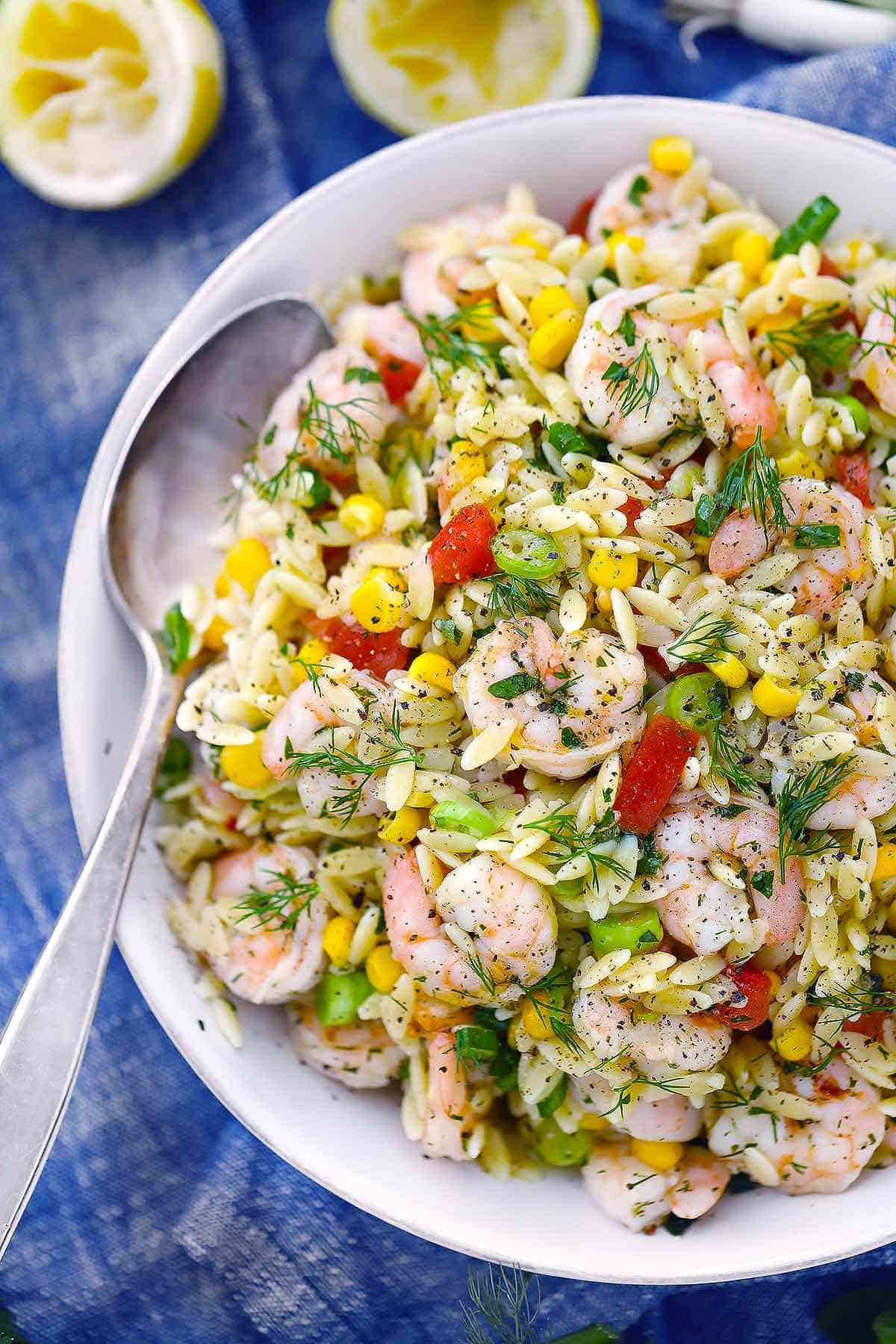 Overhead photo of a bowl of shrimp orzo salad.