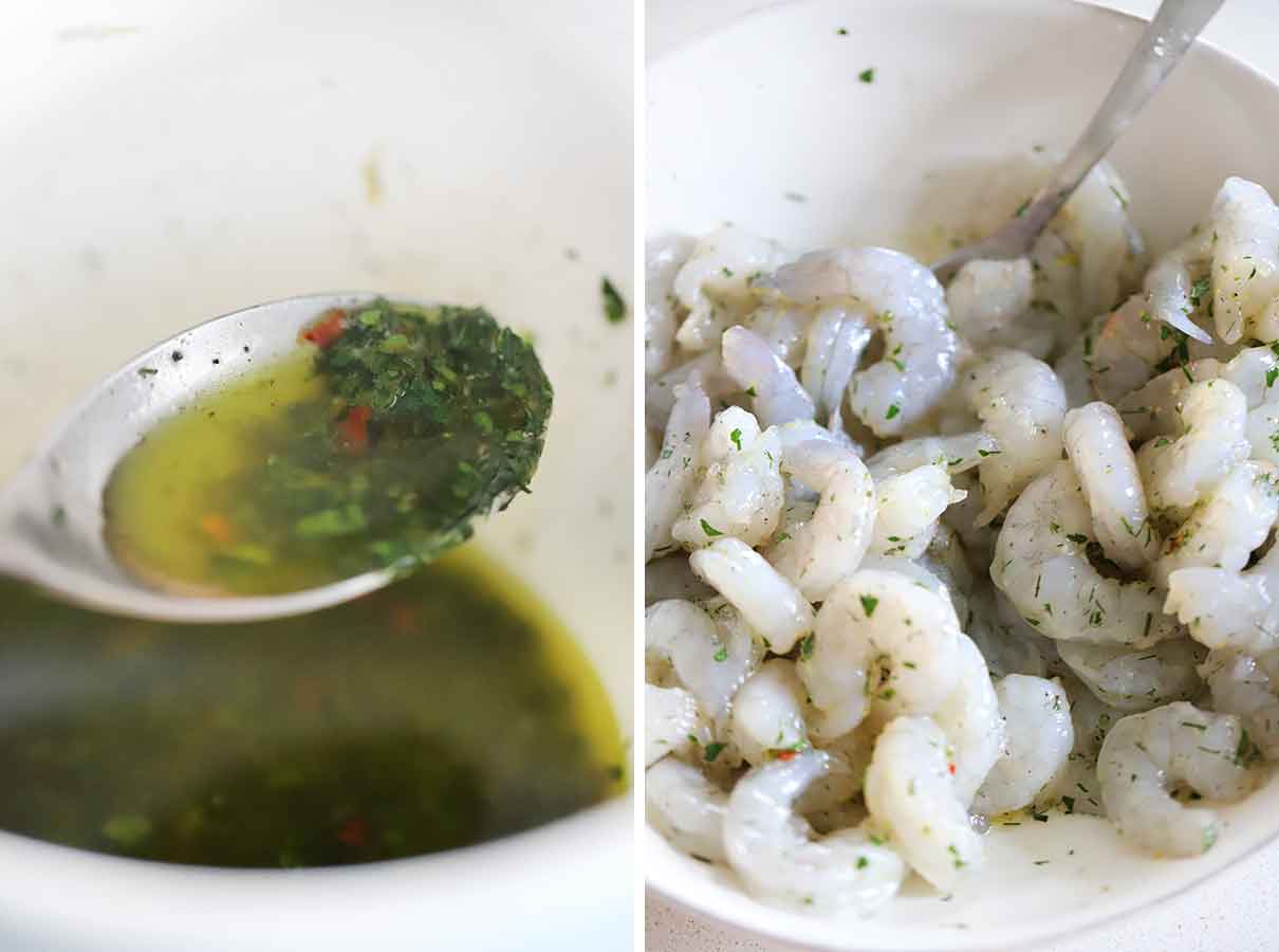 Herb vinaigrette and mixing it with raw shrimp.