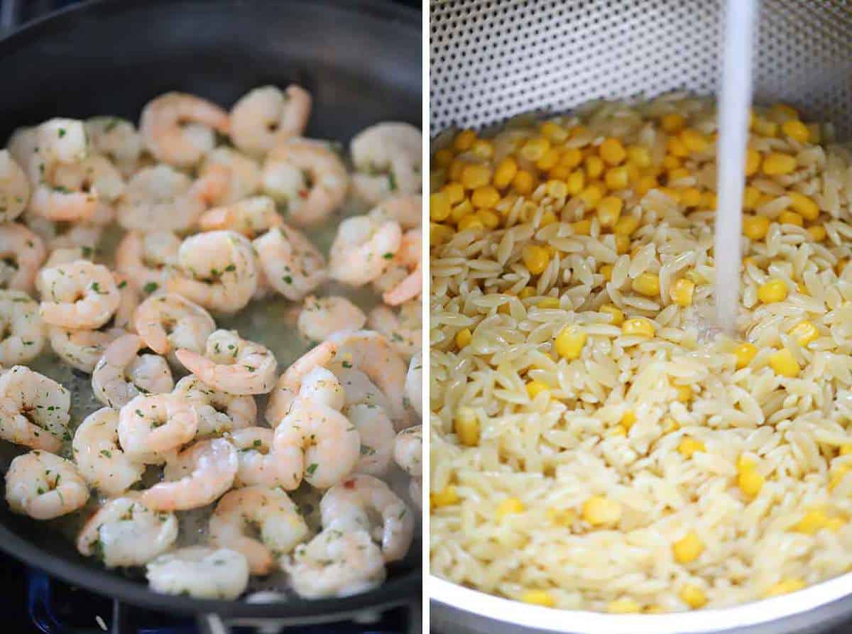 Cooking shrimp in a skillet and running cool water over orzo and corn to rinse it off for pasta salad.