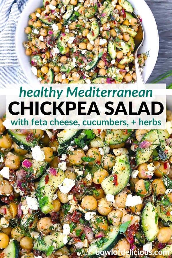 Photo collage showing Mediterranean Chickpea Salad, one photo showing a bird's eye view of the salad in a white bowl, and one photo showing close-up of the salad.