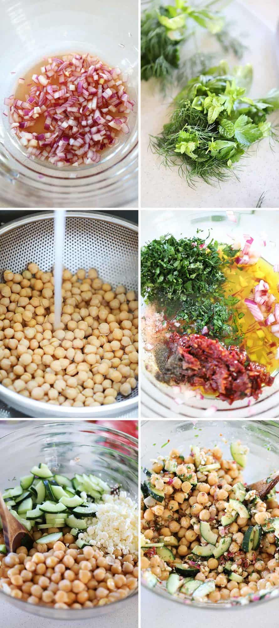 Process collage showing how to make Mediterranean chickpea salad.