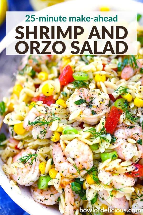 pinterest image for shrimp orzo salad