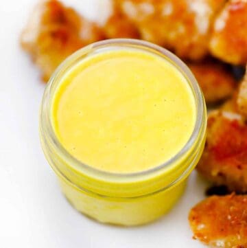 Square photo of honey mustard sauce.