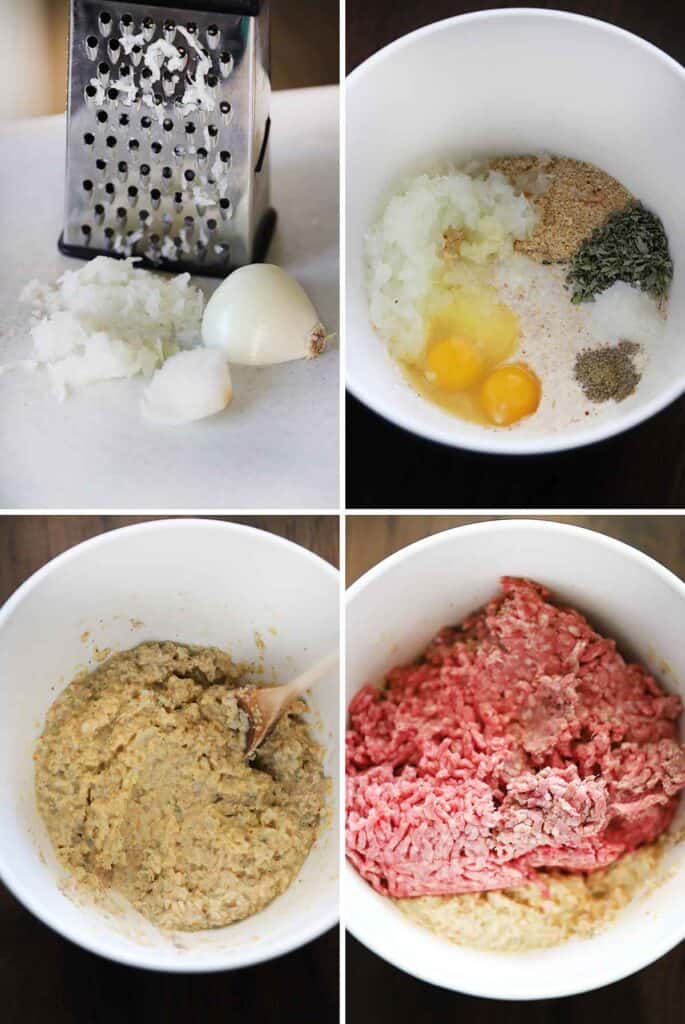 Process collage showing how to make a meatball mixture with grated onions.