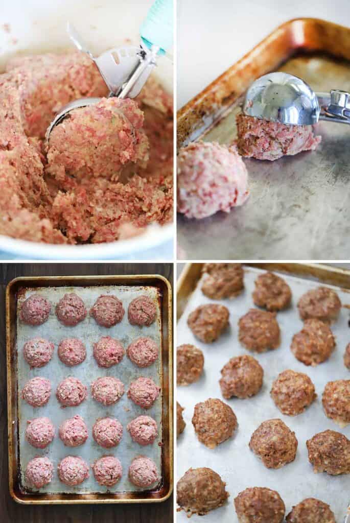 Process collage showing scooping meatball mixture with an ice cream scoop onto a baking sheet.