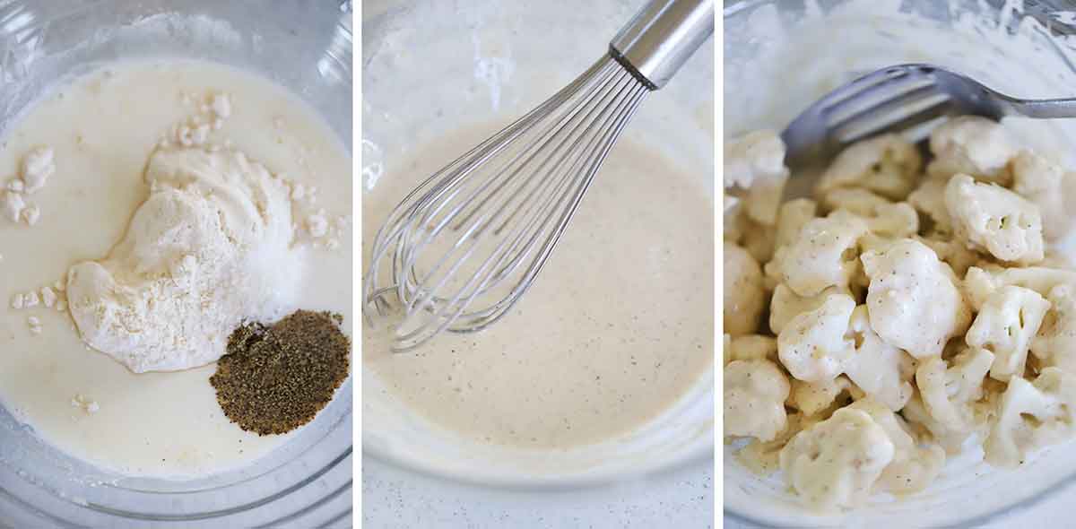 Process collage showing how to make a batter for oven-baked buffalo cauliflower.
