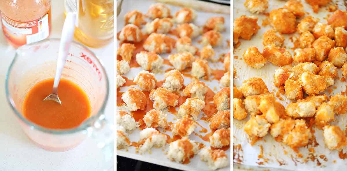 Process collage showing how to toss baked cauliflower with buffalo sauce.
