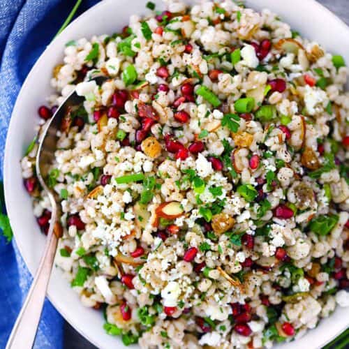 Square image of Egyptian Barley Salad in a white bowl with a spoon.