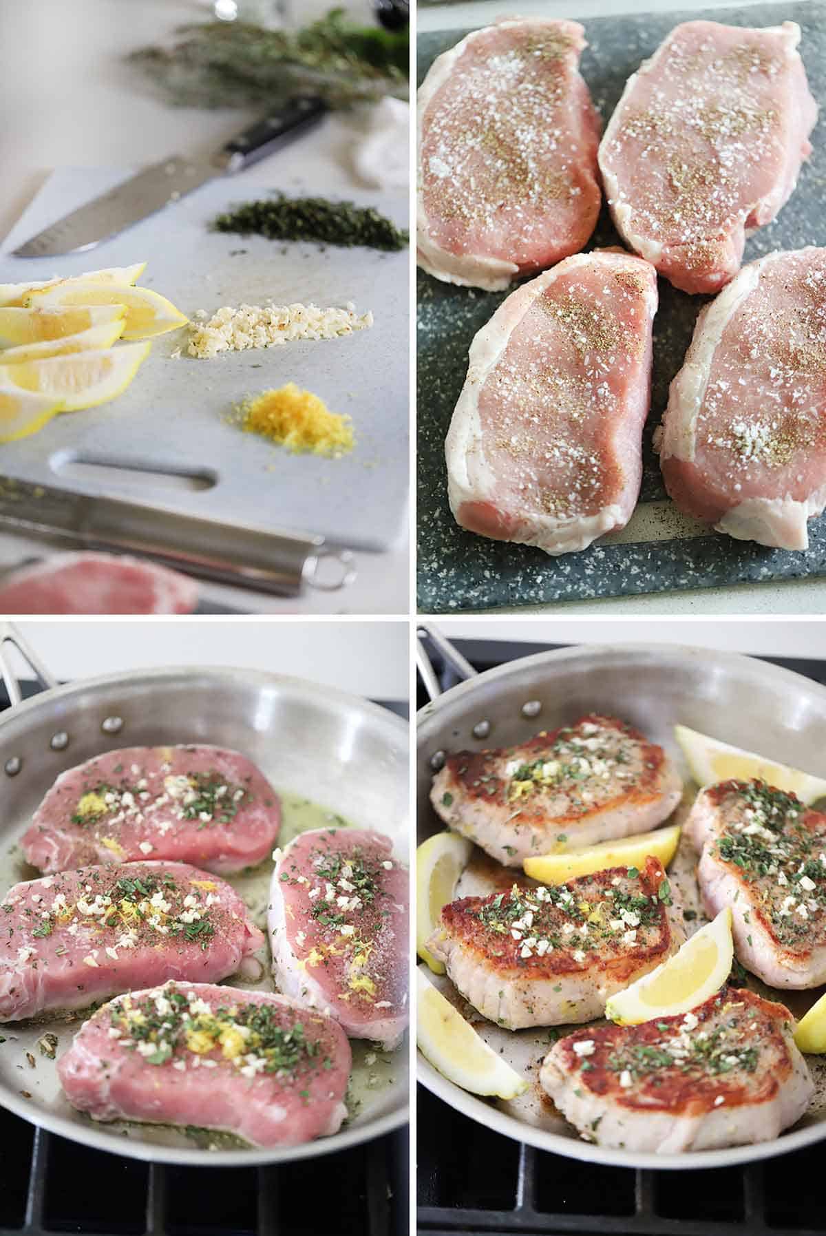 Process collage showing how to sear garlic and herb pork chops with lemon.