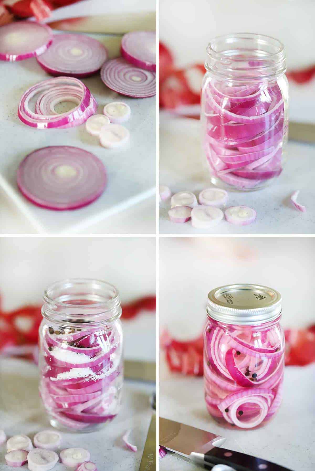 Process collage showing how to make pickled red onions.