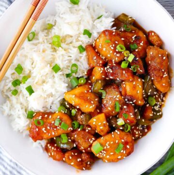 Square photo of sweet and sour chicken with rice.