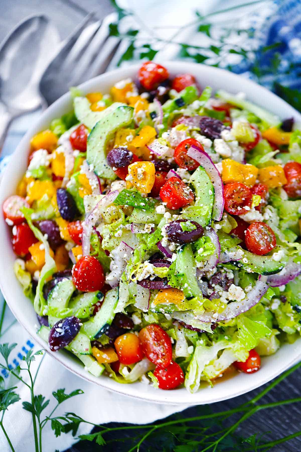 Close up photo of authentic Greek salad.