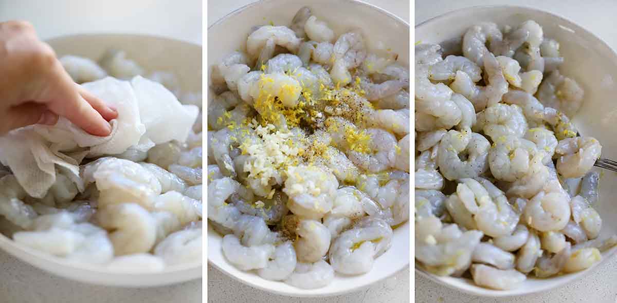 Process collage showing how to prepare shrimp for garides saganaki.