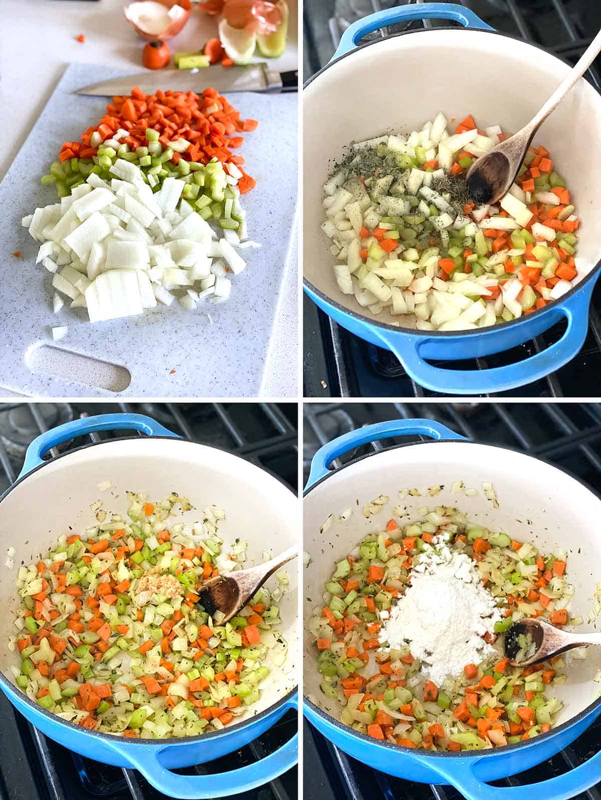 Process collage showing chopped celery, carrots, and onions sautéing in a Dutch oven and adding garlic and flour.