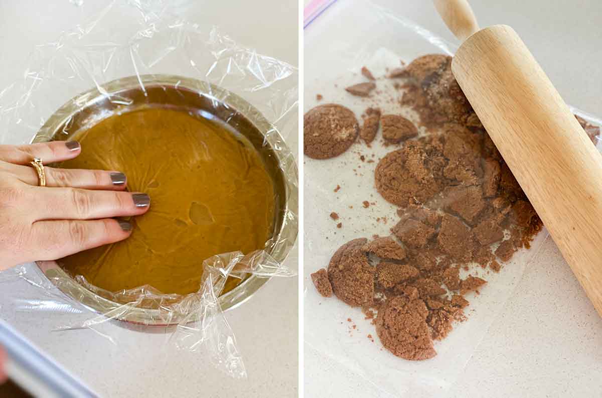 Process collage showing pressing plastic wrap on surface of pudding and making gingerbread cookie crumbles in a bag.