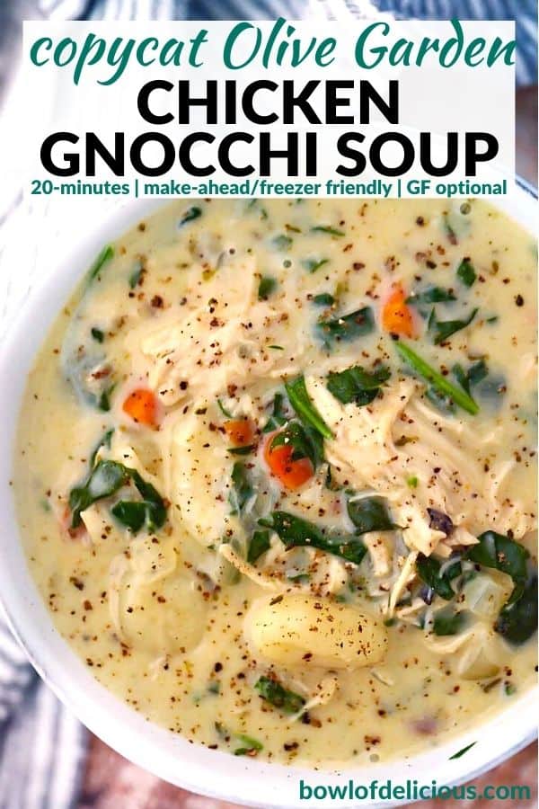 Pinterest image for chicken gnocchi soup.
